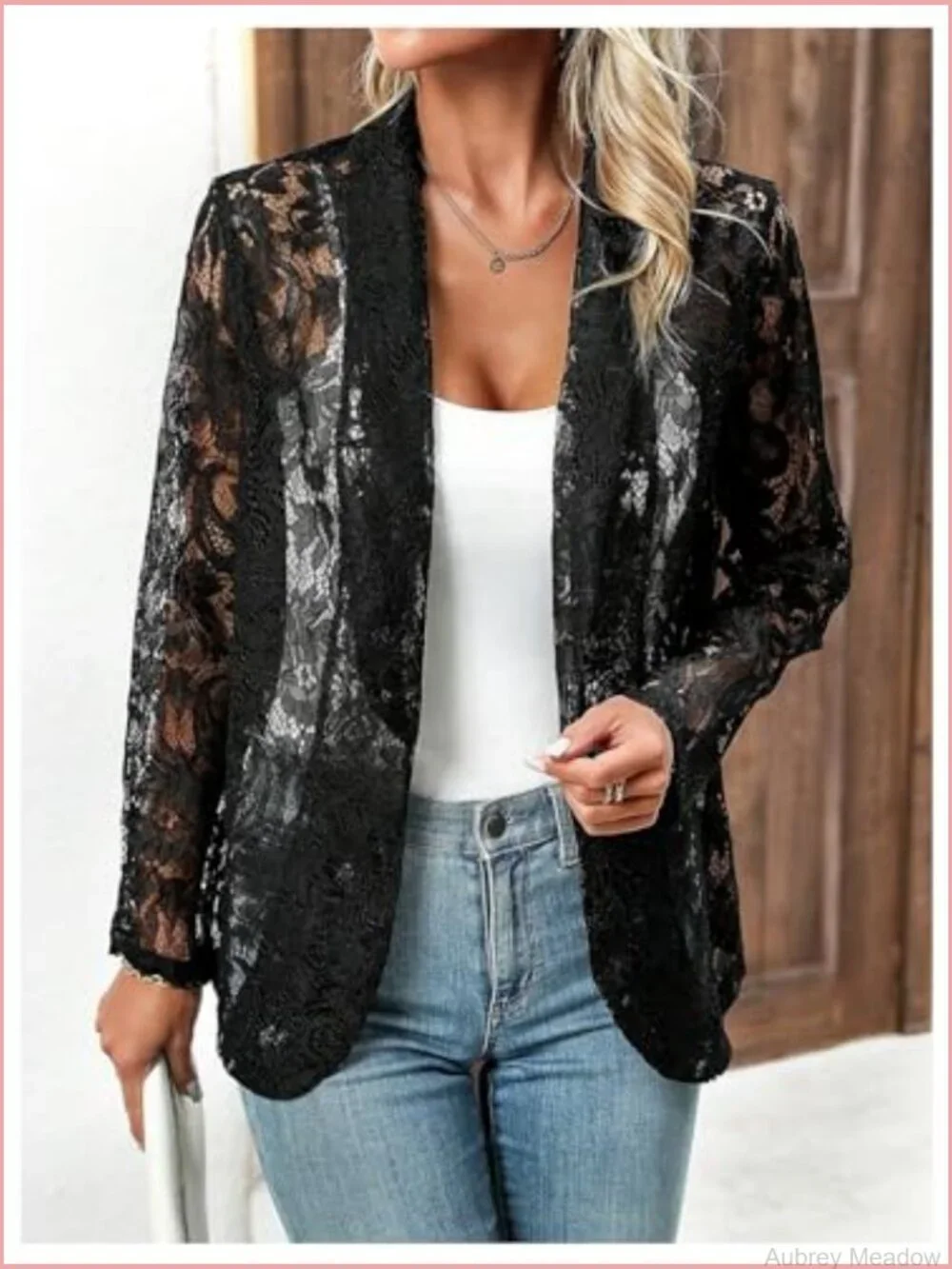 Lace Open Front Long Sleeve Sheer Casual Blazer Jacket